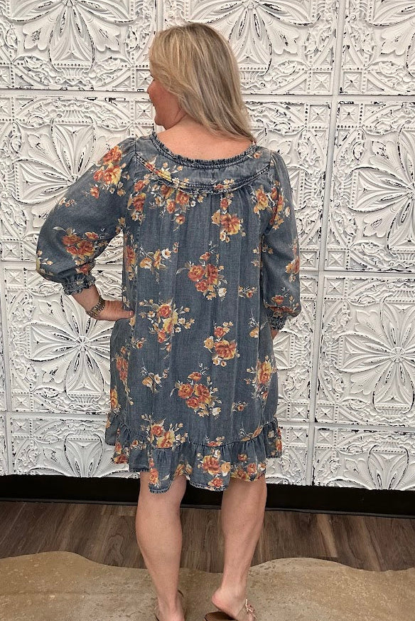 Floral Washed Chambray Ruffle Dress
