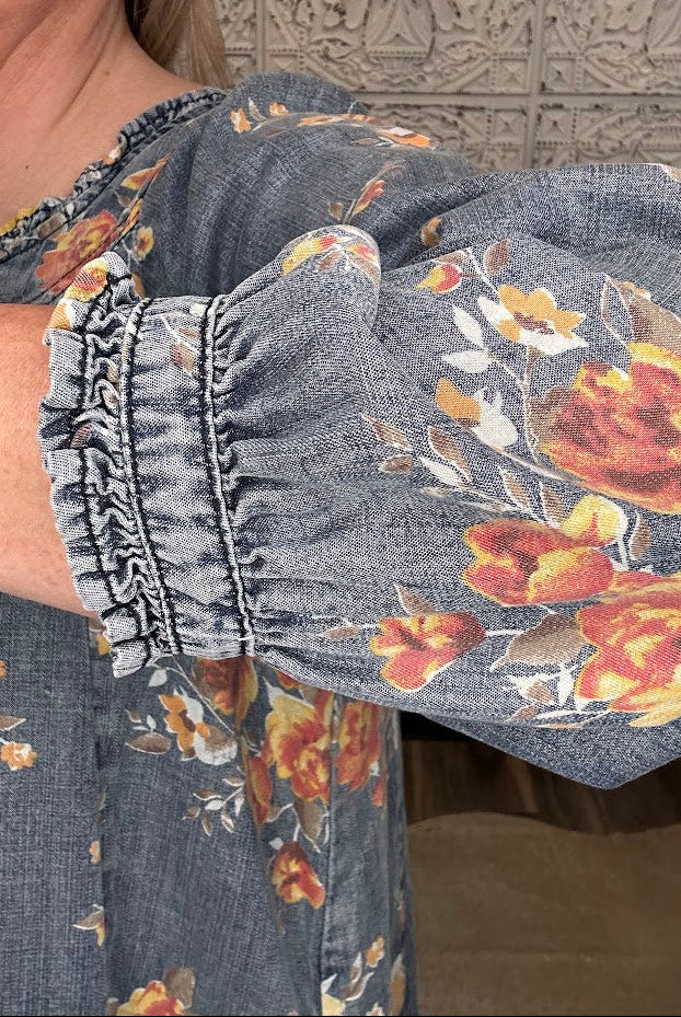 Floral Washed Chambray Ruffle Dress