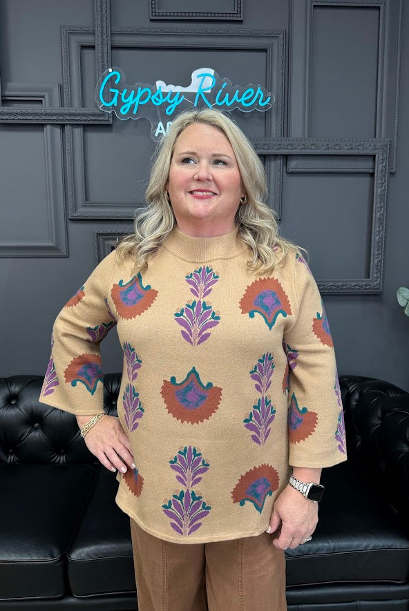 floral sweater, lightweight sweater, ¾ sleeve sweater, latte floral top, boutique knitwear, fall floral sweater, soft knit blouse, women’s casual sweater, floral print pullover, transitional knit