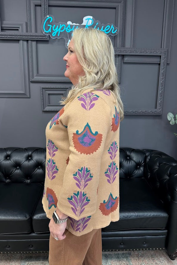 floral sweater, lightweight sweater, ¾ sleeve sweater, latte floral top, boutique knitwear, fall floral sweater, soft knit blouse, women’s casual sweater, floral print pullover, transitional knit