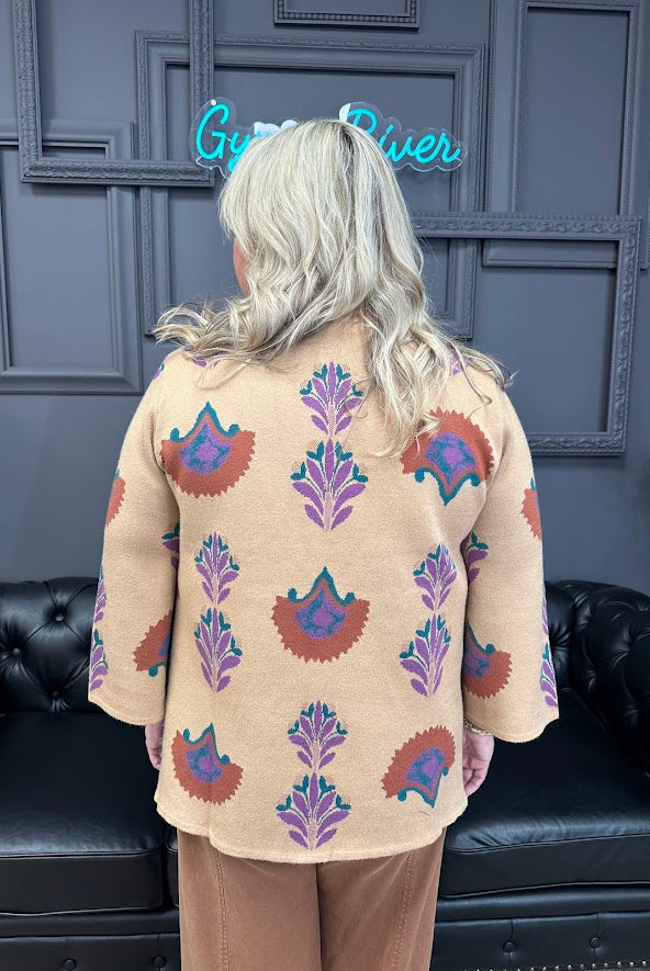 floral sweater, lightweight sweater, ¾ sleeve sweater, latte floral top, boutique knitwear, fall floral sweater, soft knit blouse, women’s casual sweater, floral print pullover, transitional knit