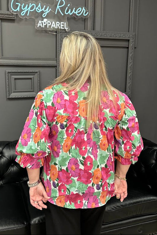floral button down top, balloon sleeve blouse, women’s cotton blouse, colorful floral top, boutique blouses, everyday tops, Gypsy River Apparel