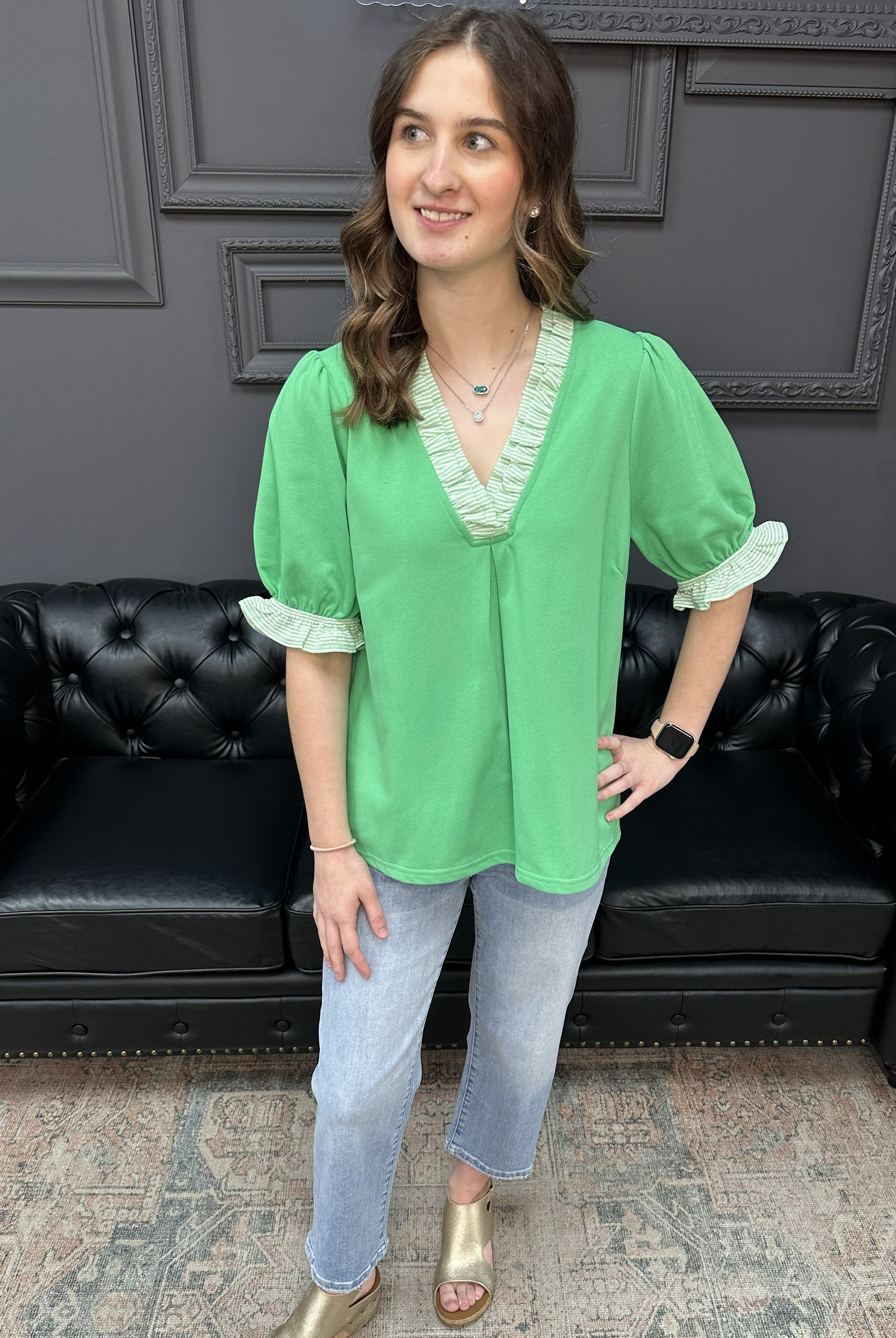 green puff sleeve top, french terry blouse, ruffle trim v neck top, boutique casual blouse, cotton blend puff sleeve top, everyday women’s top