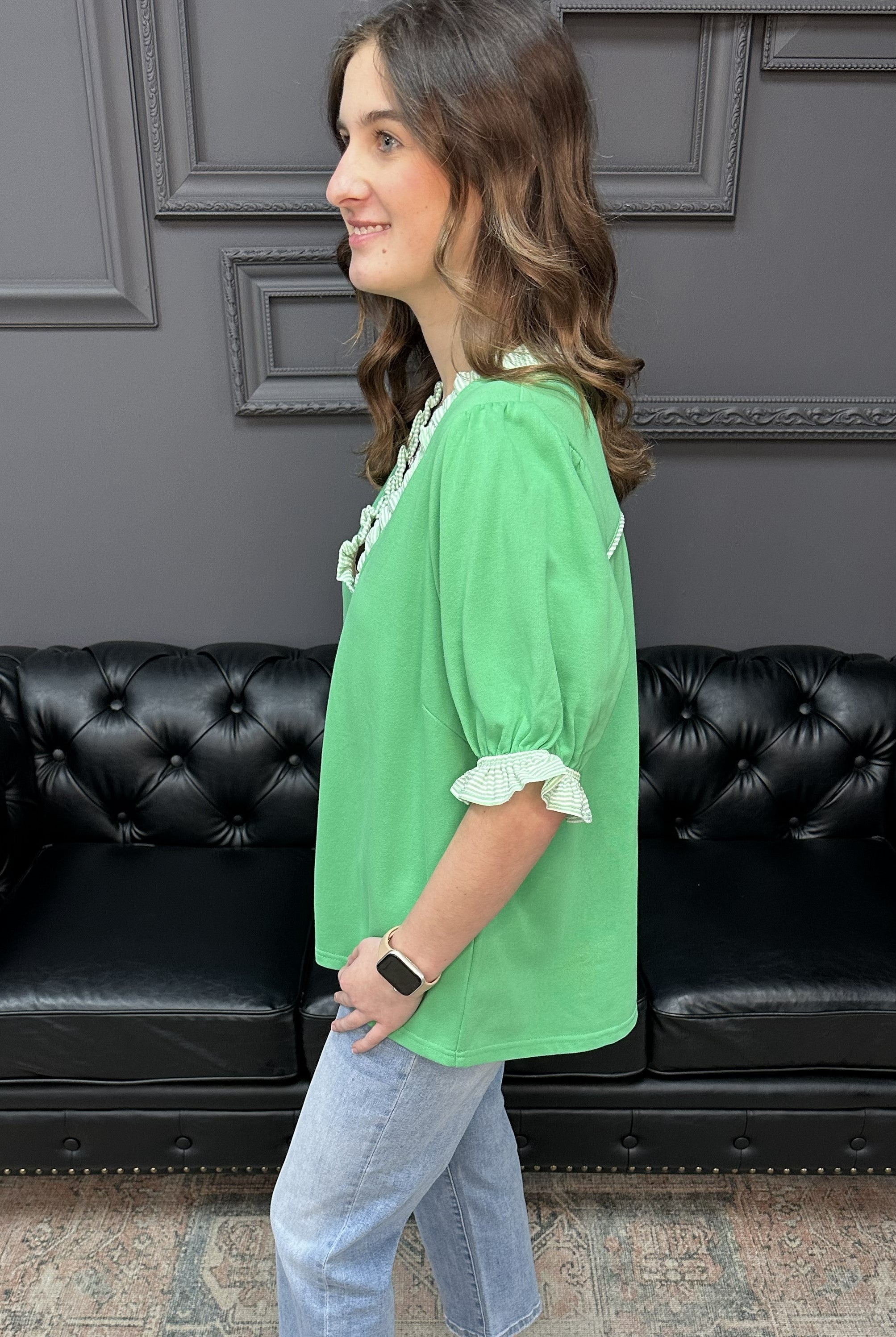 green puff sleeve top, french terry blouse, ruffle trim v neck top, boutique casual blouse, cotton blend puff sleeve top, everyday women’s top