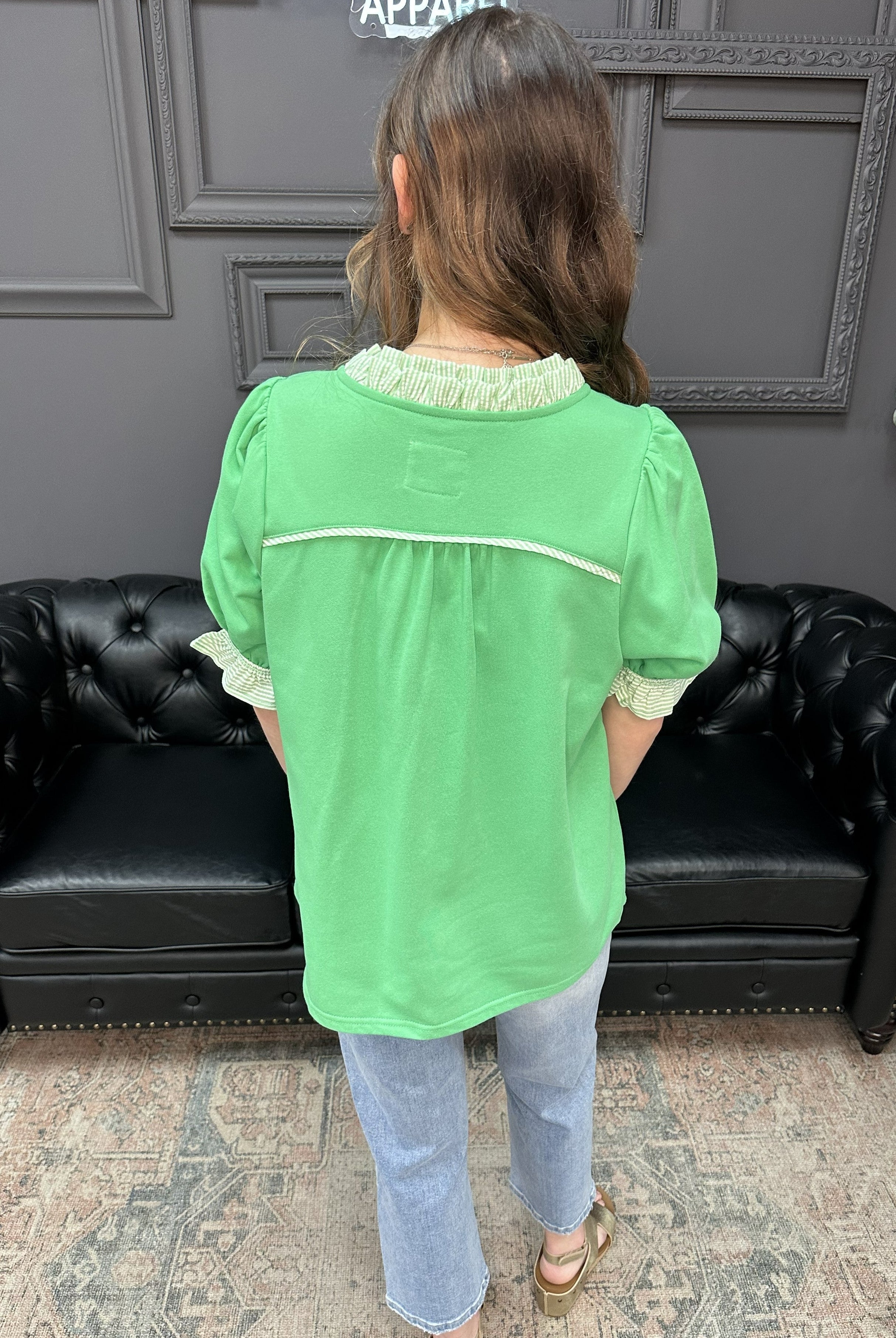 green puff sleeve top, french terry blouse, ruffle trim v neck top, boutique casual blouse, cotton blend puff sleeve top, everyday women’s top