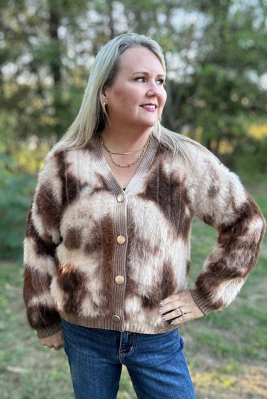 Fuzzy Leopard Print Button Front Cardigan