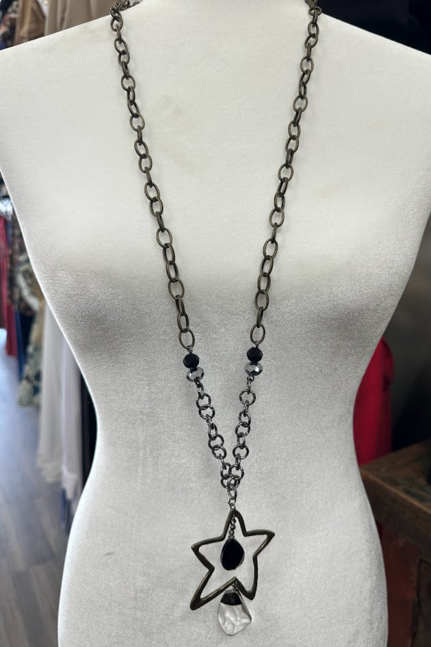 star necklace, mixed metal necklace, gold silver necklace, open star pendant, crystal drop necklace, long necklace, boutique jewelry, Gypsy River necklace