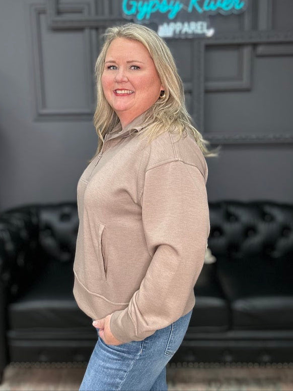 half zip sweatshirt, women’s pullover sweatshirt, casual zip sweatshirt, neutral pullover top, cozy fall sweatshirt, women’s boutique sweatshirt, quarter zip sweater, plus size sweatshirt, everyday casual wear, versatile zip pullover, comfy women’s top, solid color sweatshirt, Gypsy River apparel
