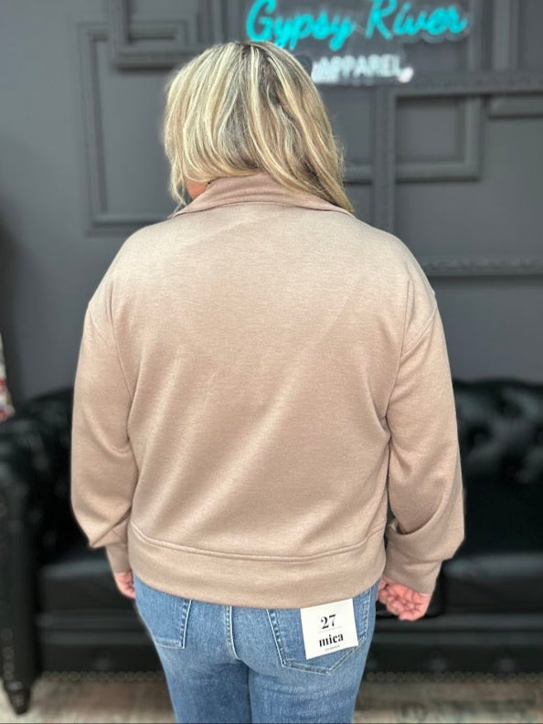 half zip sweatshirt, women’s pullover sweatshirt, casual zip sweatshirt, neutral pullover top, cozy fall sweatshirt, women’s boutique sweatshirt, quarter zip sweater, plus size sweatshirt, everyday casual wear, versatile zip pullover, comfy women’s top, solid color sweatshirt, Gypsy River apparel