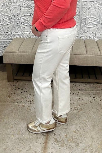 Liverpool Hannah jeans, white cropped flare jeans, mid rise white denim, Liverpool white jeans, stretch flare jeans, boutique white denim