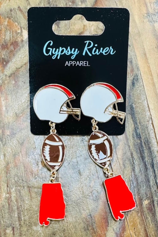 Football helmet, football, and Alabama state earrings. Roll Tide. Crimson Time. Red & white.