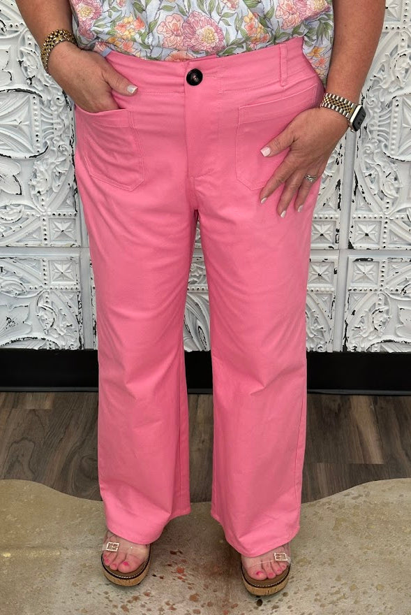 High Waist Wide Leg Crop Pants with Patch Pockets