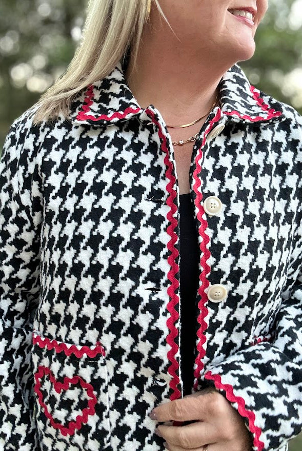 Houndstooth Button-Front Jacket with Red Ric Rac Trim