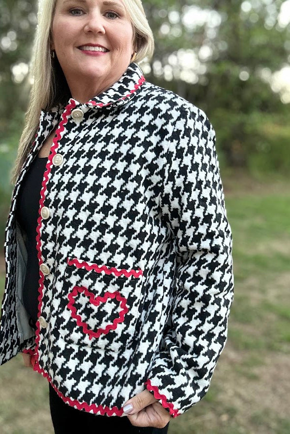 Houndstooth Button-Front Jacket with Red Ric Rac Trim