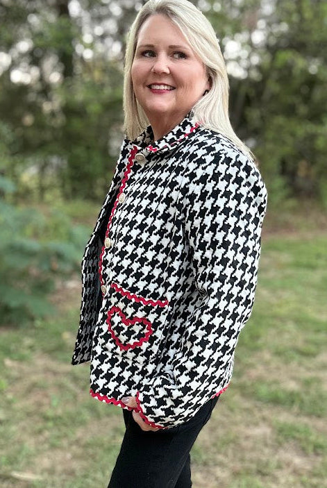 Houndstooth Button-Front Jacket with Red Ric Rac Trim