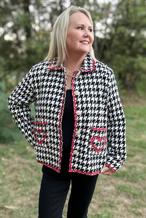 Houndstooth Button-Front Jacket with Red Ric Rac Trim