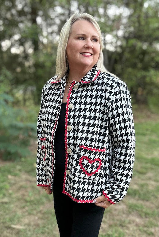 Houndstooth Button-Front Jacket with Red Ric Rac Trim