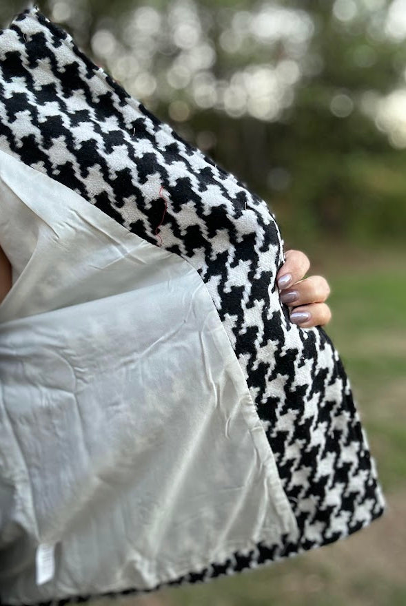 Houndstooth Button-Front Jacket with Red Ric Rac Trim