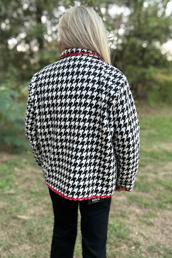 Houndstooth Button-Front Jacket with Red Ric Rac Trim