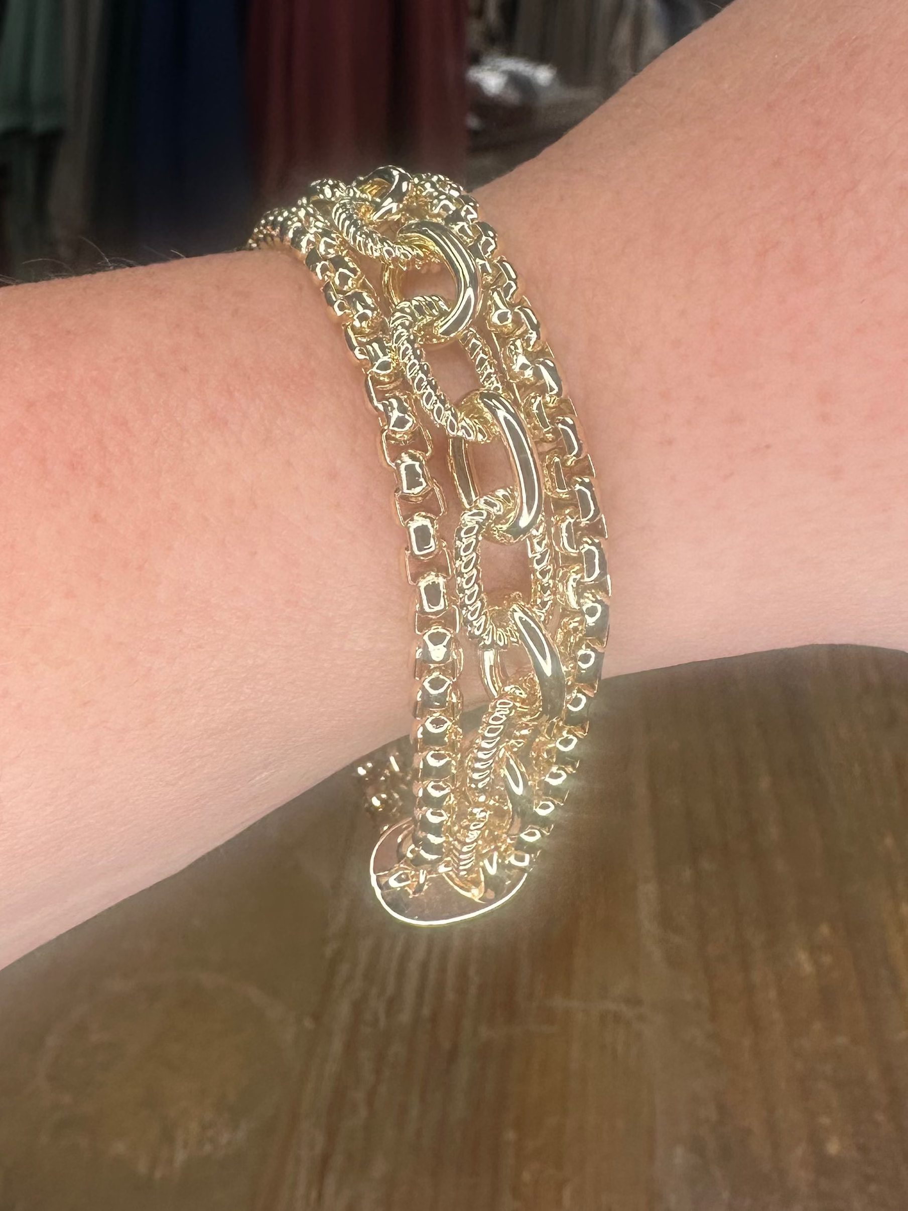 gold layered bracelet, triple strand bracelet, magnetic clasp bracelet, gold dipped jewelry, anti tarnish bracelet, statement chain bracelet