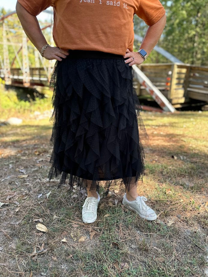 ruffled tulle skirt, black midi skirt, holiday party outfit, flowy skirt, dressy midi skirt, boutique skirts, evening wear, elastic waistband skirt, layered tulle, date night style