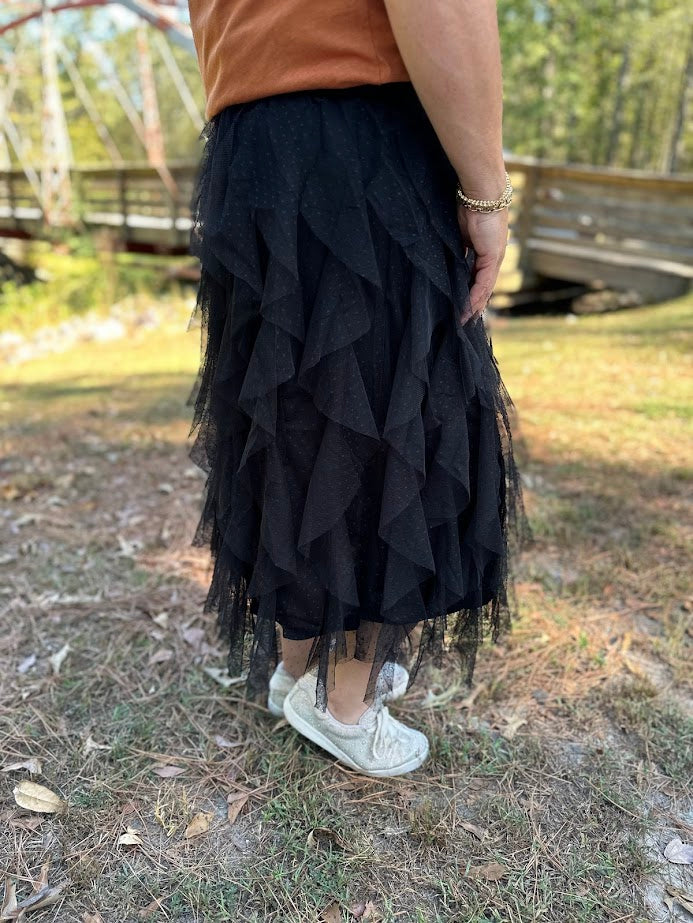 ruffled tulle skirt, black midi skirt, holiday party outfit, flowy skirt, dressy midi skirt, boutique skirts, evening wear, elastic waistband skirt, layered tulle, date night style