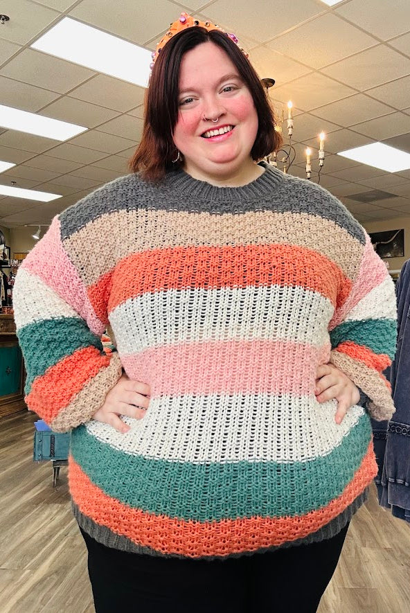 striped sweater, fall sweater, textured knit sweater, cozy pullover, boutique knitwear, chunky sweater, multicolor stripe top, oversized sweater, fall outfit, soft casual sweater