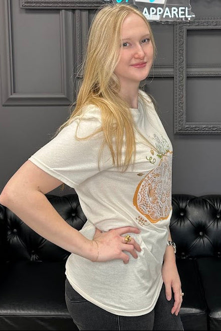 pumpkin graphic tee, fall t-shirt, lace pumpkin shirt, boutique fall tee, autumn graphic tee, lightweight t-shirt, neutral fall top, soft cotton tee, women’s fall fashion, cozy fall outfit