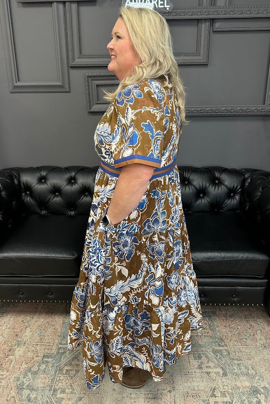 floral midi dress, contrast trim dress, woven midi dress, boutique dress, lined dress with pockets, fall floral dress, short sleeve dress, lightweight midi, casual chic dress, women’s boutique style