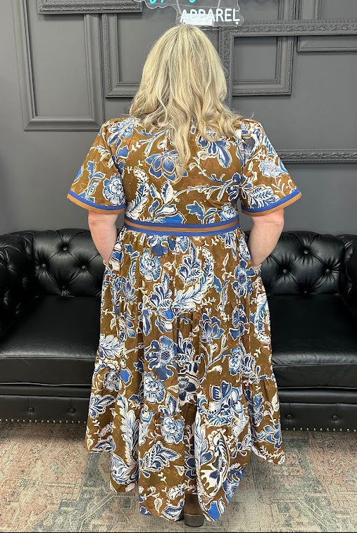 floral midi dress, contrast trim dress, woven midi dress, boutique dress, lined dress with pockets, fall floral dress, short sleeve dress, lightweight midi, casual chic dress, women’s boutique style