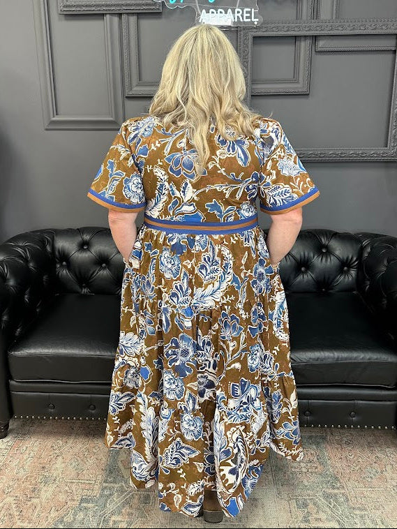 floral midi dress, contrast trim dress, woven midi dress, boutique dress, lined dress with pockets, fall floral dress, short sleeve dress, lightweight midi, casual chic dress, women’s boutique style