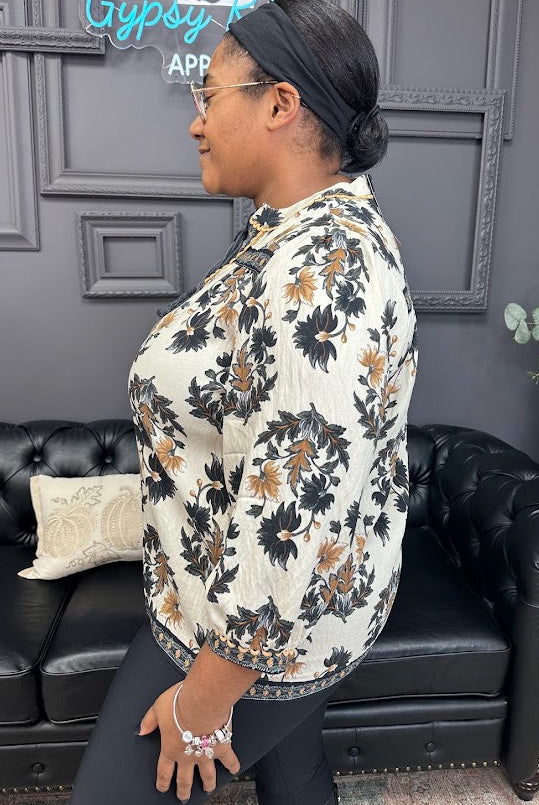 floral fall blouse, tassel tie top, decorative trim blouse, 3/4 sleeve blouse, fall print top, lightweight woven blouse, boutique fall top, women’s floral top, rayon blouse, boho fall outfit