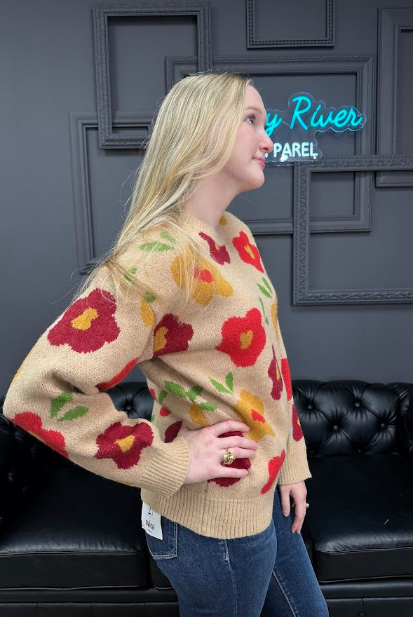 floral sweater, fall knit top, colorful sweater, women’s boutique sweater, cozy flower sweater, soft knit pullover, tan floral top, fun fall outfit, bright sweater for women, casual chic knit