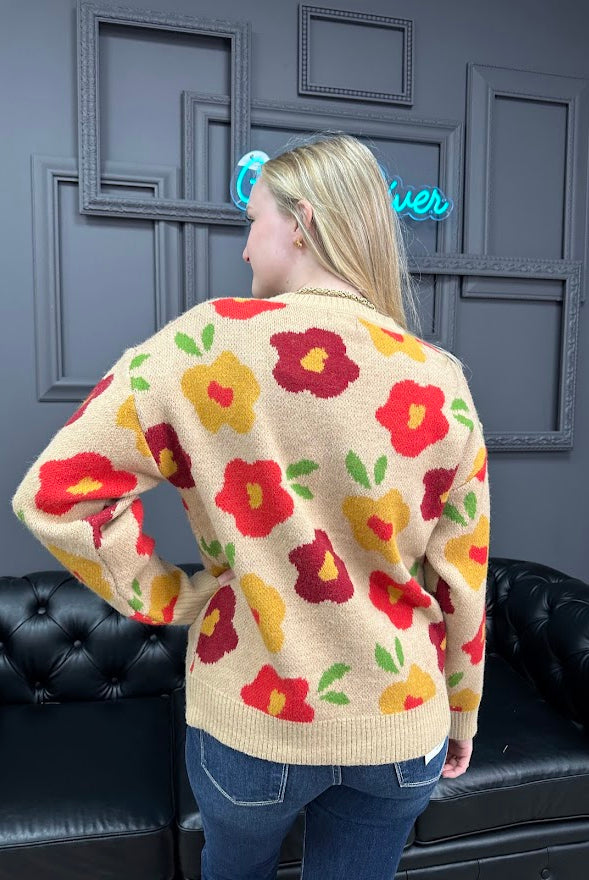 floral sweater, fall knit top, colorful sweater, women’s boutique sweater, cozy flower sweater, soft knit pullover, tan floral top, fun fall outfit, bright sweater for women, casual chic knit