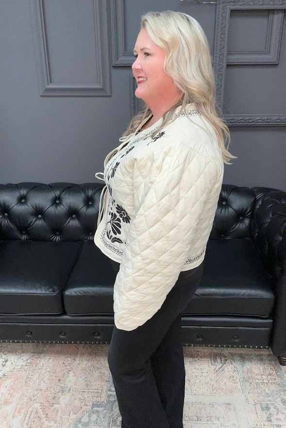 quilted jacket, embroidered jacket, floral quilted coat, cream tie-front jacket, boho fall jacket, boutique outerwear, embroidered outerwear, black and cream jacket, artisan jacket, fall layering piece