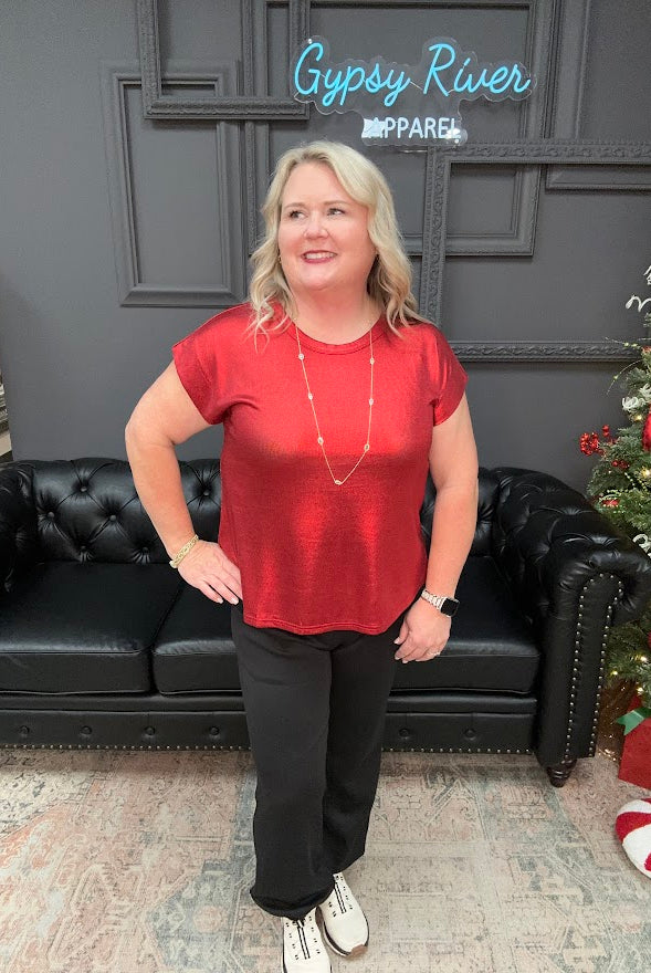 metallic top, shimmer shirt, gold top, red top, sparkle blouse, holiday top, festive shirt, party outfit, boutique metallic tee, shiny knit top, women’s holiday clothing, casual glam top, New Year’s Eve outfit