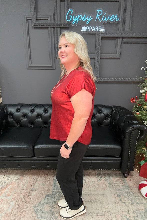 metallic top, shimmer shirt, gold top, red top, sparkle blouse, holiday top, festive shirt, party outfit, boutique metallic tee, shiny knit top, women’s holiday clothing, casual glam top, New Year’s Eve outfit