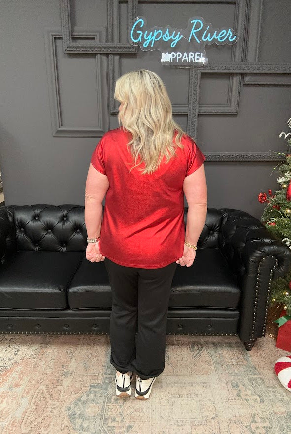 metallic top, shimmer shirt, gold top, red top, sparkle blouse, holiday top, festive shirt, party outfit, boutique metallic tee, shiny knit top, women’s holiday clothing, casual glam top, New Year’s Eve outfit