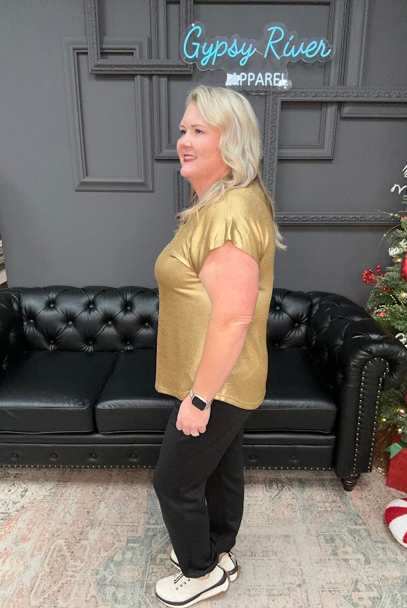 metallic top, shimmer shirt, gold top, red top, sparkle blouse, holiday top, festive shirt, party outfit, boutique metallic tee, shiny knit top, women’s holiday clothing, casual glam top, New Year’s Eve outfit