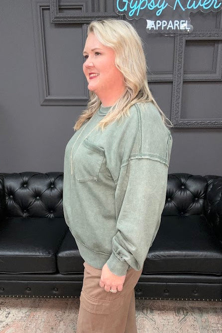 mineral wash pullover, sage green sweatshirt, french terry top, relaxed fit top, cozy casual sweater, cotton crewneck, boutique sweatshirt, weekend wear, comfy oversized pullover, soft lounge top