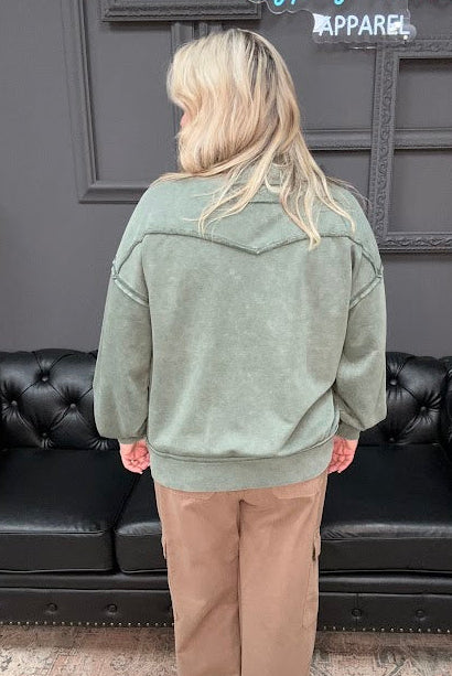 mineral wash pullover, sage green sweatshirt, french terry top, relaxed fit top, cozy casual sweater, cotton crewneck, boutique sweatshirt, weekend wear, comfy oversized pullover, soft lounge top