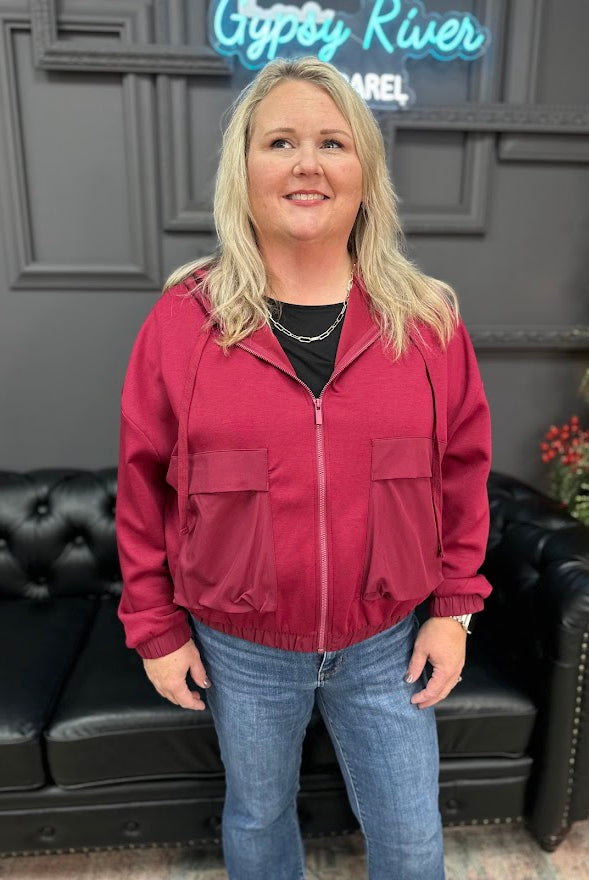 scuba hoodie jacket, soft scuba zip up, women’s full zip hoodie, relaxed fit hoodie, utility pocket hoodie, lightweight jacket women, everyday hoodie, flap pocket zip up, casual zip jacket, comfy layering jacket, Gypsy River hoodie, magenta scuba jacket