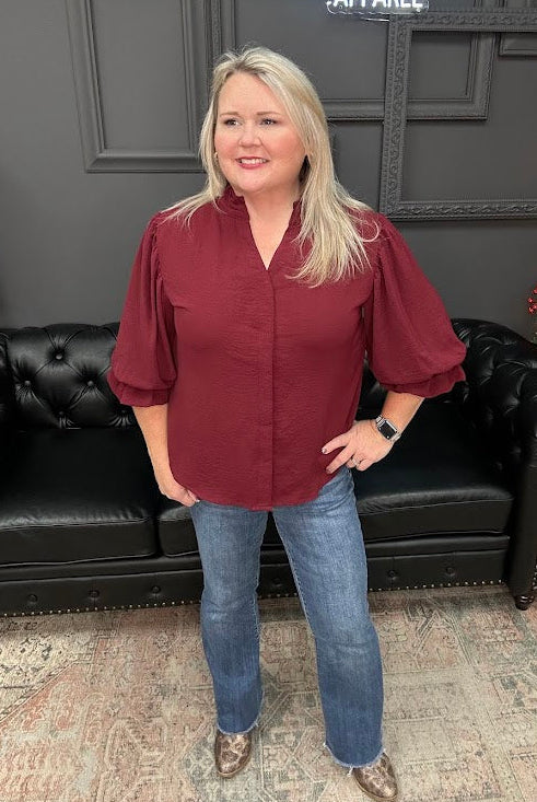 burgundy blouse, women’s dressy top, gathered sleeve blouse, v-neck collar blouse, fall blouses for women, holiday tops, workwear blouse, casual dressy top, Gypsy River top, textured blouse, wine red top