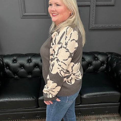 floral sweater top, half zip knit top, mock neck floral sweater, viscose blend sweater, long sleeve floral knit, patterned sleeve sweater, Gypsy River sweater, cozy floral top