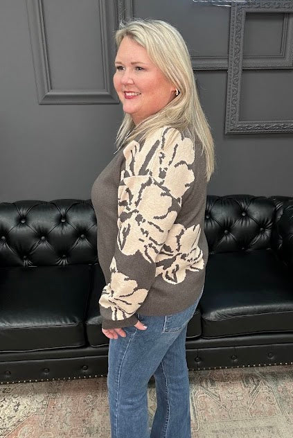 floral sweater top, half zip knit top, mock neck floral sweater, viscose blend sweater, long sleeve floral knit, patterned sleeve sweater, Gypsy River sweater, cozy floral top