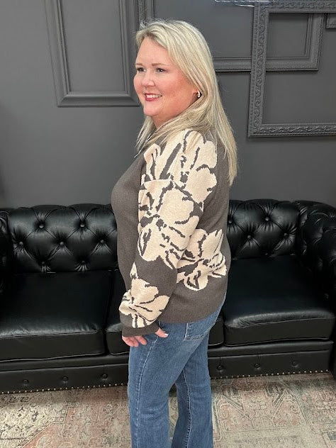 floral sweater top, half zip knit top, mock neck floral sweater, viscose blend sweater, long sleeve floral knit, patterned sleeve sweater, Gypsy River sweater, cozy floral top