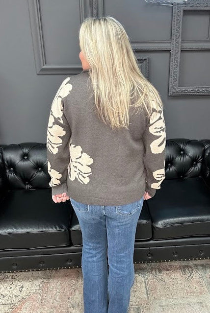 floral sweater top, half zip knit top, mock neck floral sweater, viscose blend sweater, long sleeve floral knit, patterned sleeve sweater, Gypsy River sweater, cozy floral top