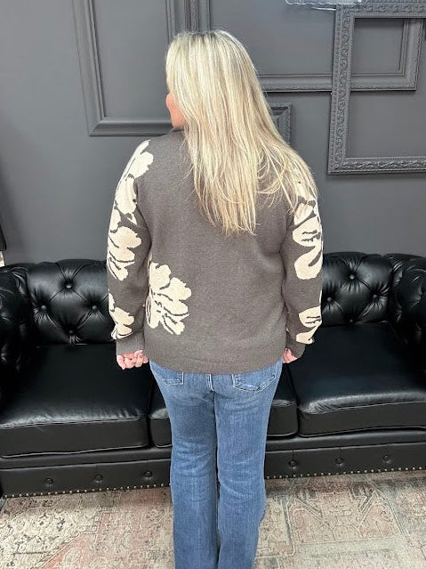 floral sweater top, half zip knit top, mock neck floral sweater, viscose blend sweater, long sleeve floral knit, patterned sleeve sweater, Gypsy River sweater, cozy floral top