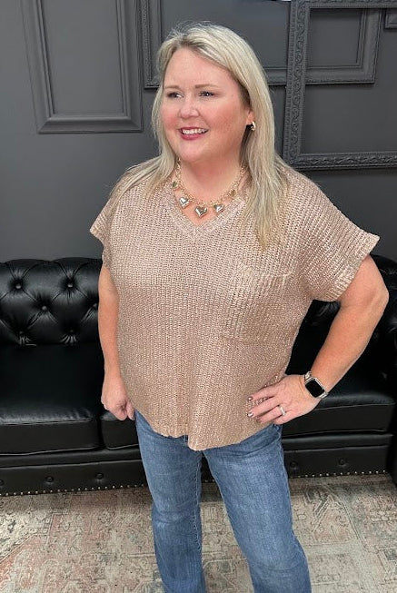 metallic sweater top, shimmer knit top, v-neck sweater tee, coated sweater top, dressy short sleeve top, holiday top, gold shimmer top, burgundy metallic top, Gypsy River top, viscose sweater tee, lightweight shimmer blouse