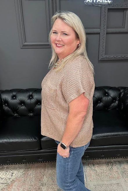 metallic sweater top, shimmer knit top, v-neck sweater tee, coated sweater top, dressy short sleeve top, holiday top, gold shimmer top, burgundy metallic top, Gypsy River top, viscose sweater tee, lightweight shimmer blouse